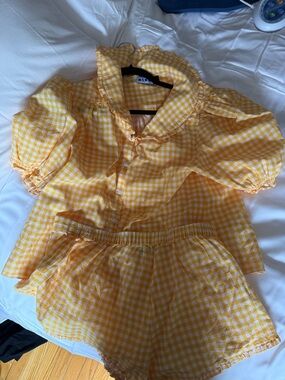 RIXO Yellow Gingham Ruffle Collar Top & Shorts Set
